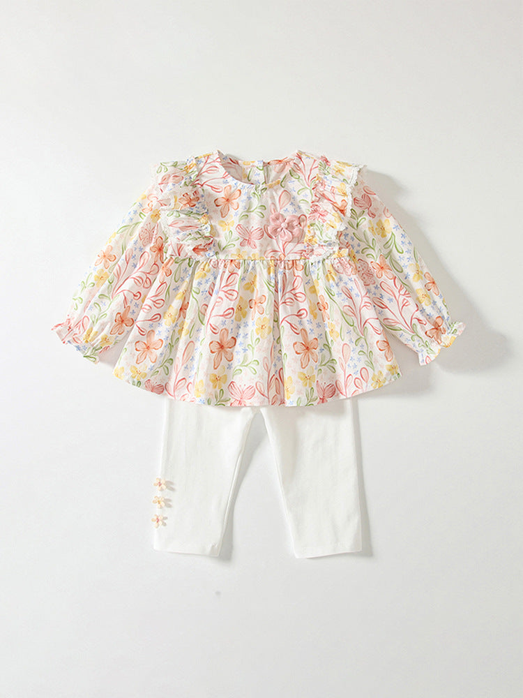 Arrival Spring Baby Girls Long Sleeves Floral Design Top Dress and Pants Set – Clothing Set