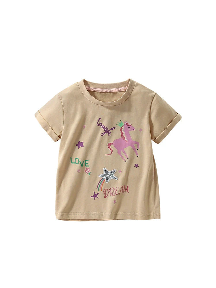 Summer Kids’ Cartoon Horse and Letters Pattern T-shirt in European and American Style